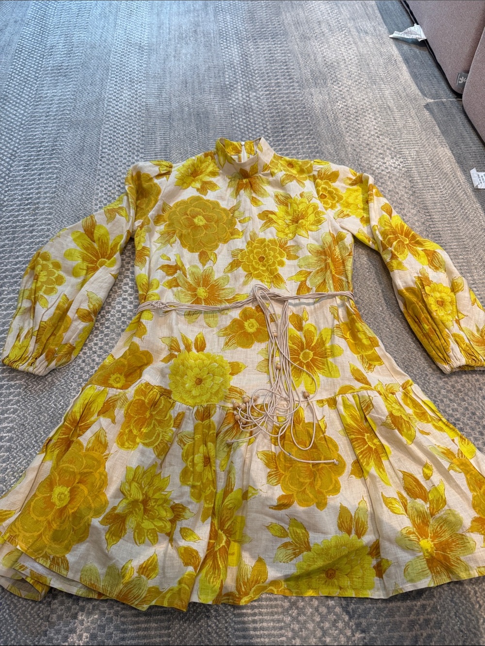Alemais Yellow Floral Long-Sleeve Mini Dress with Tie